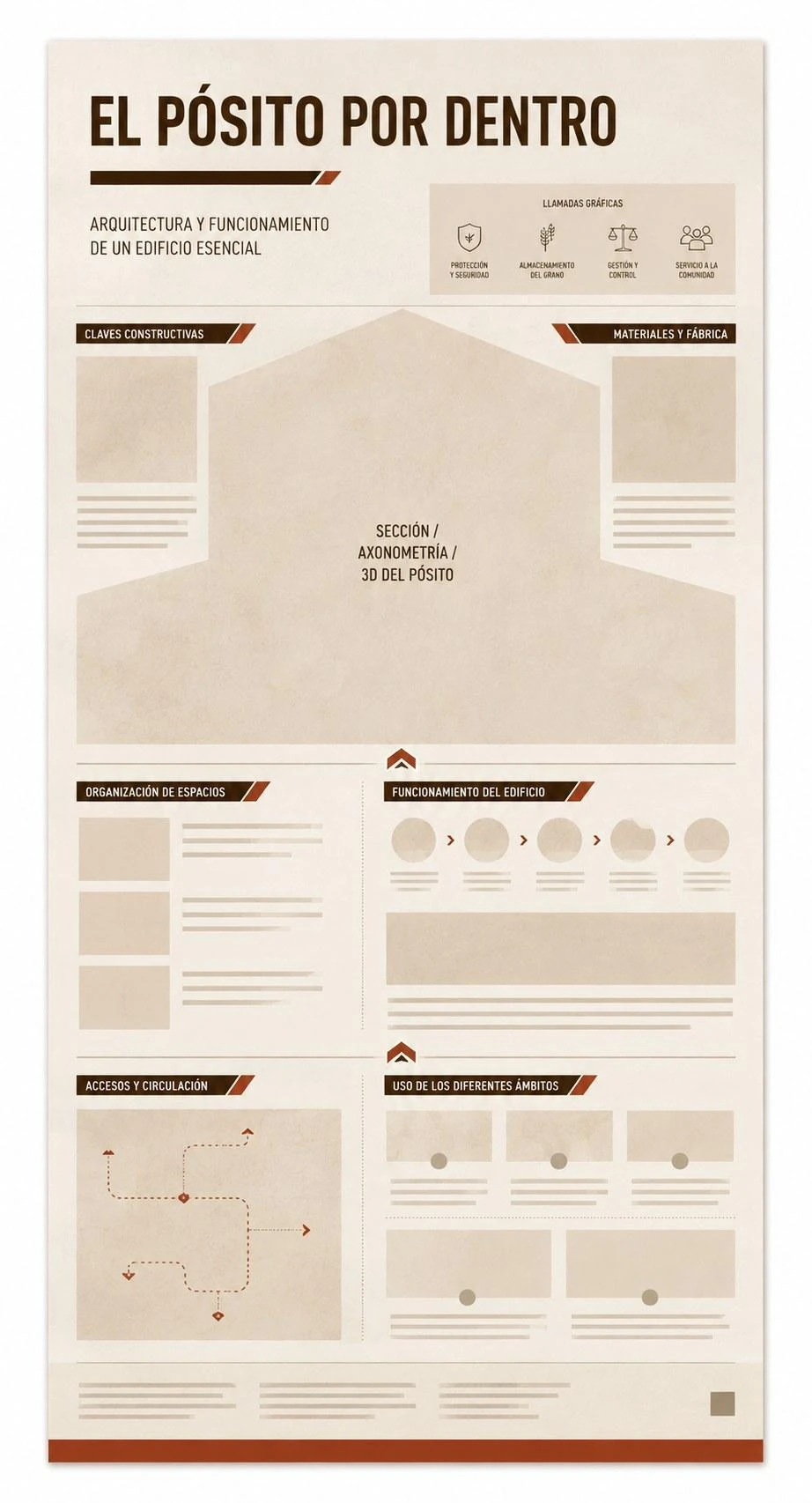 Propuesta de musealización del Pósito de Huétor Tájar · Boceto del panel interior «El Pósito por dentro»: arquitectura y funcionamiento del edificio.